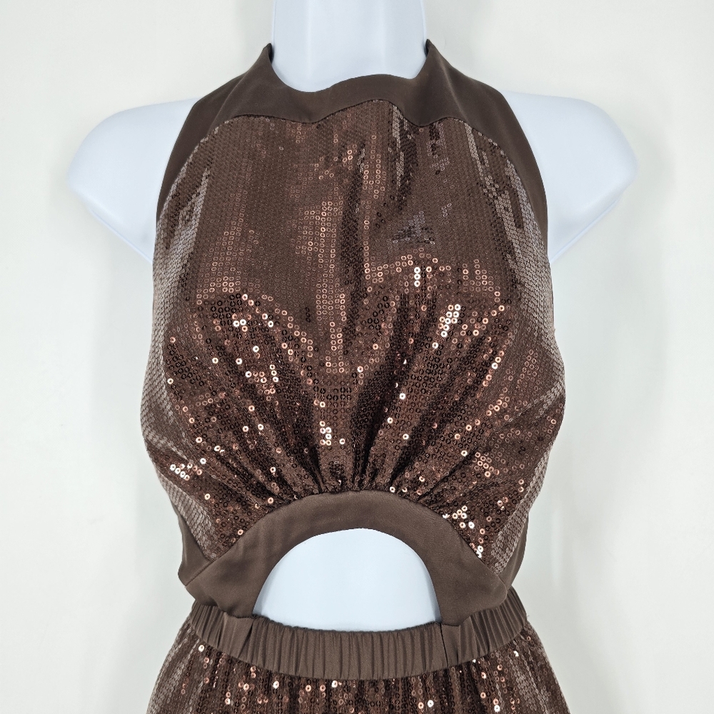 Staud Katharine Brown Cutout Sequin Maxi Dress Gown Halter Top Size M - Picture 3 of 13